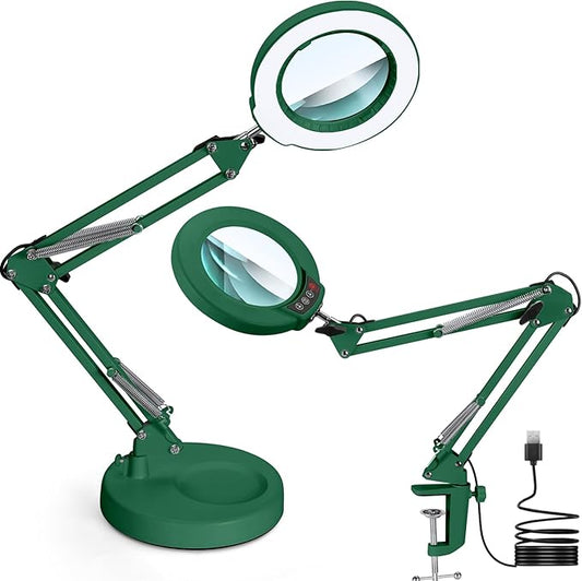 10X Magnifying Glass with Light and Stand, Upgrade Button 5 Color Modes Stepless Dimmable, 2-in-1 LED Lighted Magnifier Light, Hands Free Desk Lamp with Clamp for Craft Hobby Close Work - Green
