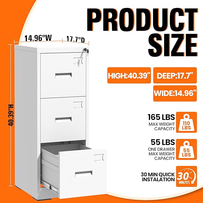 3-Drawer Locking Vertical File Cabinet, Metal Storage Cabinet for Office/Home – Secure Vertical Filing for Letter/Legal/A4/F4 Documents, Easy to Assemble Steel Cabinet, White