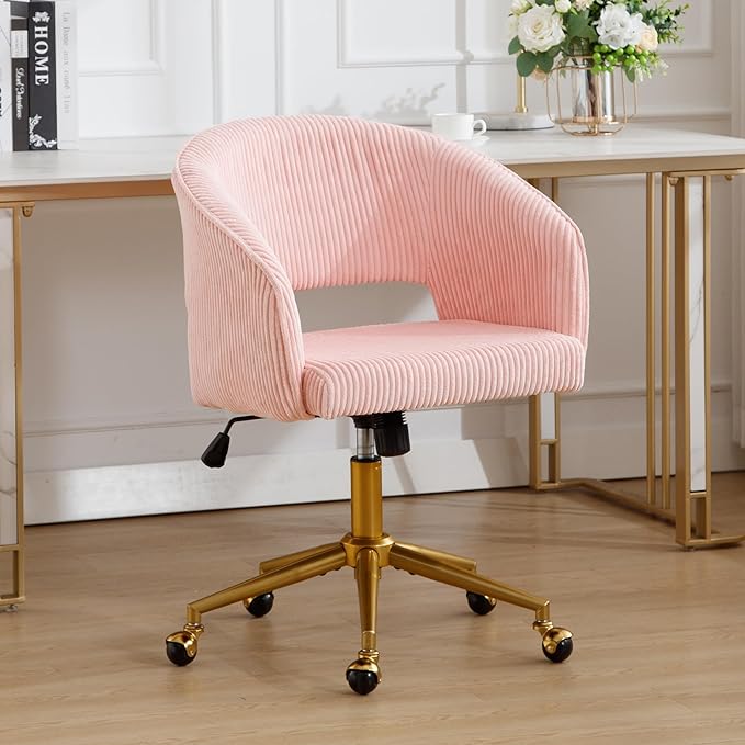 ABET Desk Chair with Wheels, Corduroy Home Office Chair, Swivel Armchair Gold Base, Upholstered Modern Accent Chairs, Back Incline Adjustable for Living Room Bedroom Vanity, Pink