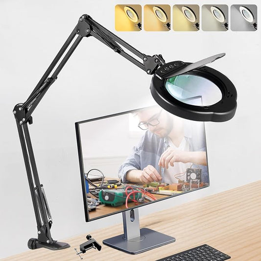 Ultra Long 12X Magnifying Glass with Light and Stand|Magnifying Lamp with 3-Section Swing Arm,5 Color Modes LED Lighted Magnifier Lamp for Workbench/Craf