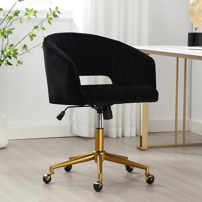 ABET Desk Chair with Wheels, Velvet Home Office Chair, Swivel Armchair Gold Base, Upholstered Modern Accent Chairs, Back Incline Adjustable for Living Room Bedroom Vanity, Black