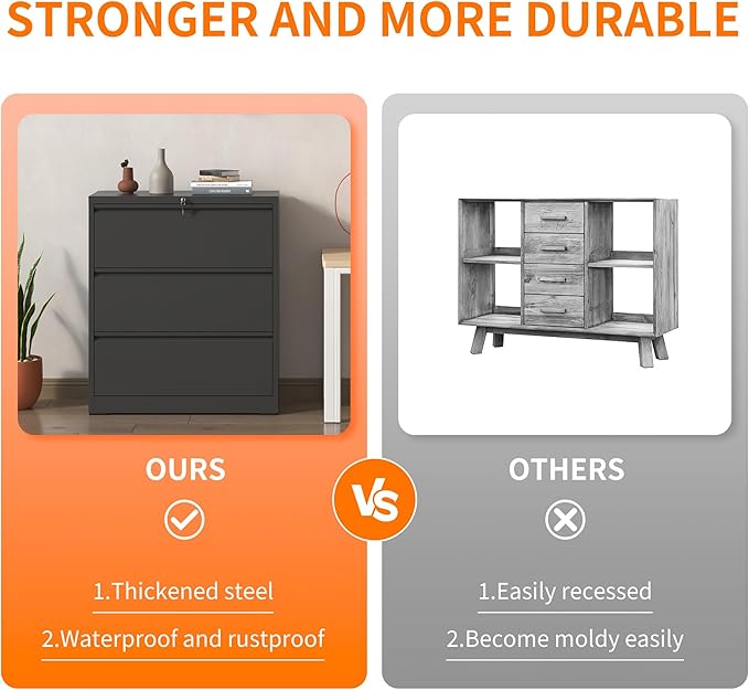 Lateral File Cabinet with 3 Drawer Heavy Duty Large Metal File Cabinets with Lock Home Office Black Filing Cabinets Wide Steel Cabinet for Legal/Letter Size File,Assembly Required