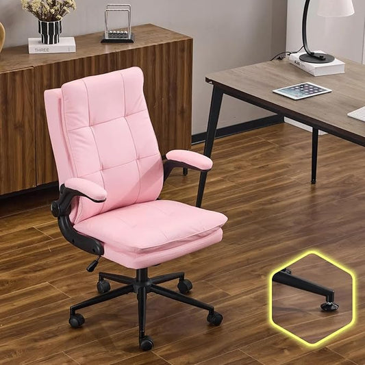 VINGLI Comfy Pink Leather Office Desk Chair,High-Back Ergonomic Computer Small Gaming Chair with/No Wheels,Adjustable Height,Flip-Up Arms,360° Swivel for Vanity,Home Office,Adults,Teen,Girls&Women