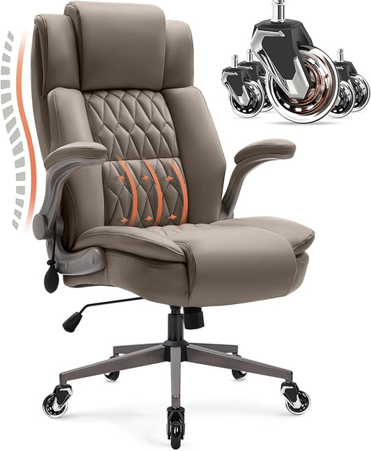 Large High Back Office Chair - Adjustable Lumbar Support Flip Up Arms Heavy Duty Quiet Wheels Metal Base Breathable Bonded Leather Ergonomic Executive Computer Desk Chair with Storage Bags, Khaki