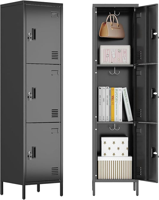 Metal Locker with Hooks and Ventilation Holes,Metal Storage Locker with Keys and Business Card Slof for Home,Gym,Garage,School,Office,66" H×15.75" W× 15.75" D,Assembly Required,Black