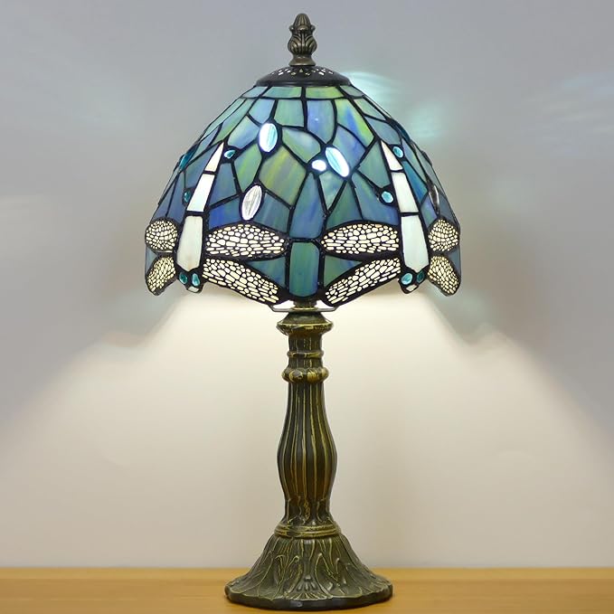 Small Tiffany Lamp Mini Stained Glass Table Lamp Bedside Accent Lamp Memory Sympathy 8X14.5 Inch (Sea Blue Dragonfly)