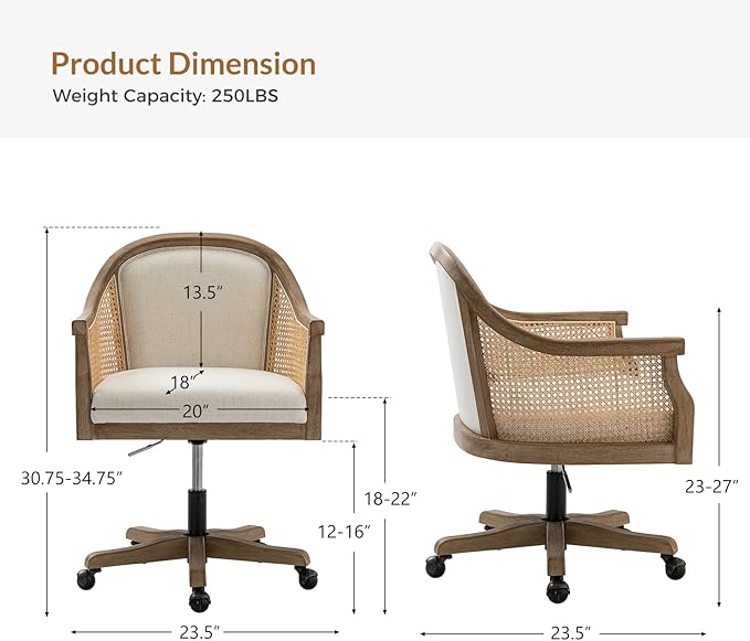 TINA'S HOME Rattan Desk Chair, Upholstered Home Office Chair with Armrest, Adjustable Swivel Rolling Height Computer Task Chair for Living Room Bedroom Study Room, Ivory