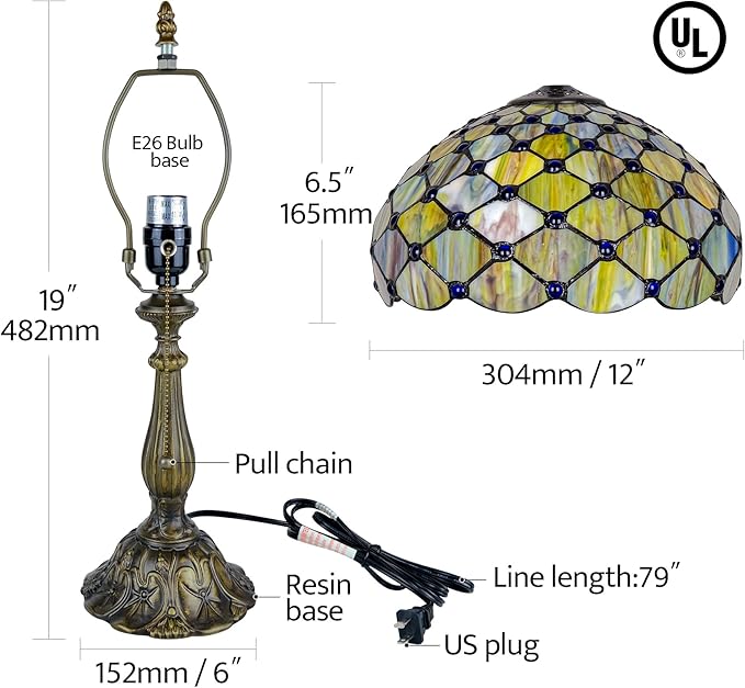 Tiffany Lamp Vintage Gradient Green Stained Glass Bead Table Lamp Desk Bedside Reading Light Decor Bedroom Living Room Home Office D12*H18 Inches (Gradient Green)