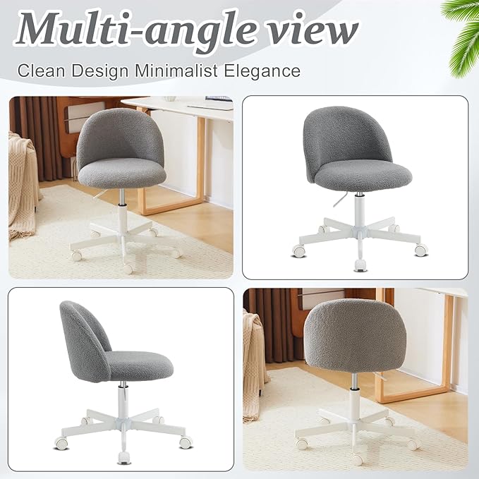VINGLI Candy Chair Armless Cute Desk Chair,Comfy Small Office Chair with Wheels,Vanity Chair with Lumbar Support,Teddy Adjustable Rolling Swivel Computer Task Chair for Home Office,Bedroom,Muted Grey