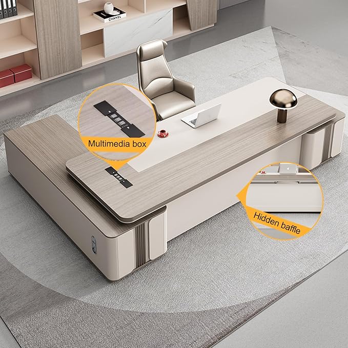 102IN Modern Executive Desk - Executive Office Desk with Large - Capacity Locker & Arc Design & Hidden Multimedia Wire Box & Safety Combination Lock & Privacy Baffle