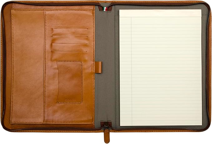 Premium Maruse Leather Portfolio Padfolio - Executive Folio for Men and Women with Zipper, Folio Document Organizer, Laptop Sleeve, iPad Case and Folder - Made in Italy, Honey