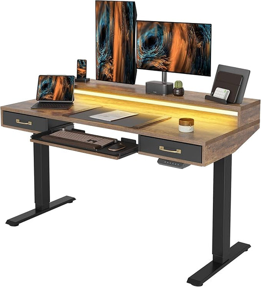FEZIBO 48 x 24 Inch Height Adjustable Electric Standing Desk with Double Drawers&Keyboard Tray, Stand Up Desk with LED Strips&Monitor Stand,Rustic Brown Top