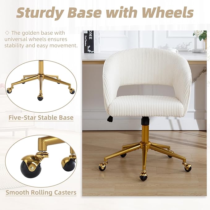 ABET Desk Chair with Wheels, Corduroy Home Office Chair, Swivel Armchair Gold Base, Upholstered Modern Accent Chairs, Back Incline Adjustable for Living Room Bedroom Vanity, Beige