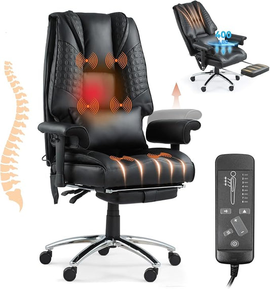 Massage & Heated Office Chair with Foot Rest, Ergonomic Executive Office Chair with Reclining Backrest, Adjustable Arms and Lumbar Support, High Back Leather Desk Chairs for Home Office, Black
