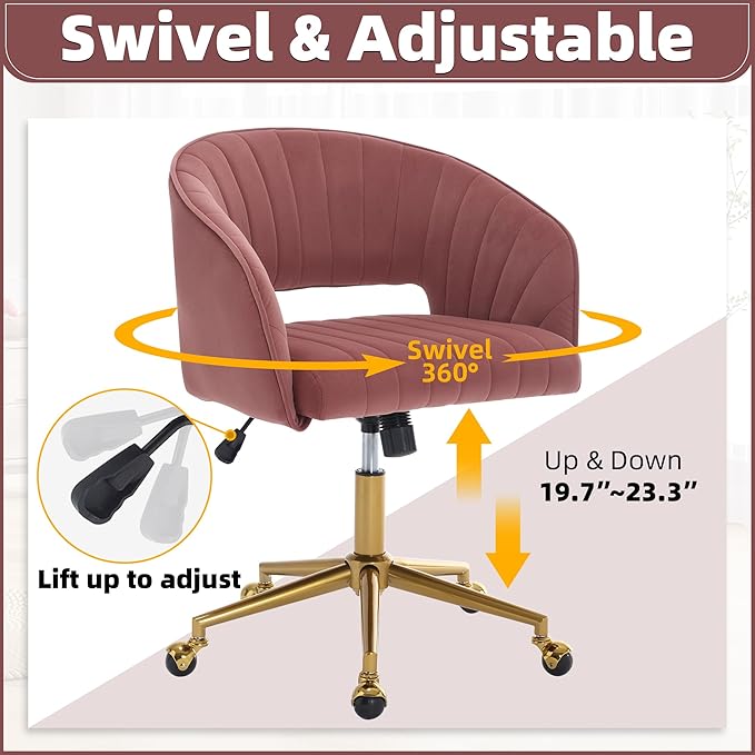 ABET Desk Chair with Wheels, Velvet Home Office Chair, Swivel Armchair Gold Base, Upholstered Modern Accent Chairs, Back Incline Adjustable for Living Room Bedroom Vanity, Bean Paste Red
