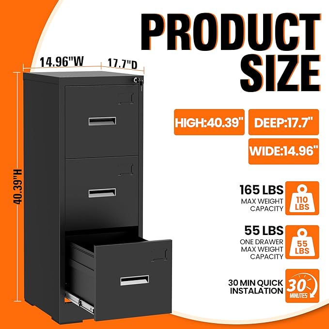 3-Drawer Locking Vertical File Cabinet, Metal Storage Cabinet for Office/Home – Secure Vertical Filing for Letter/Legal/A4/F4 Documents, Easy to Assemble Steel Cabinet, Black