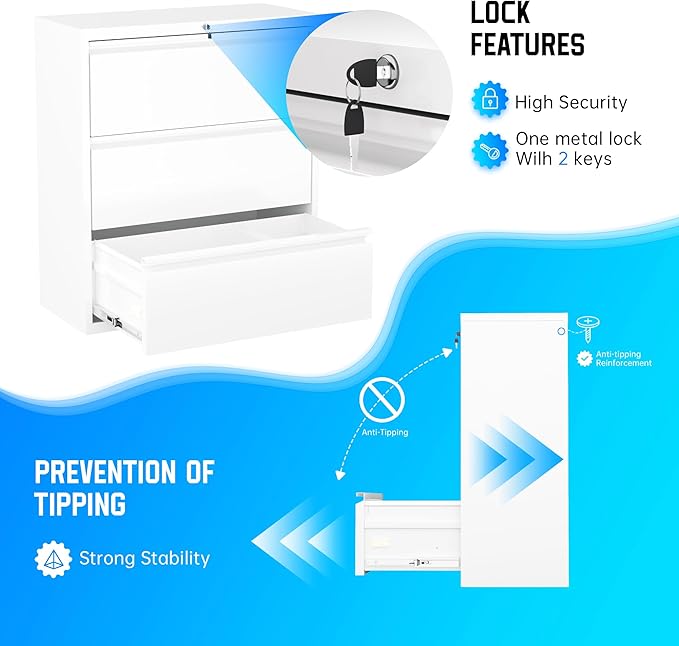 Greenvelly 3 Drawer Filing Cabinet, White Lateral File Cabinet with Lock, Lockable Metal File Cabinet for Home Office, Office File Cabinets for Legal/Letter/A4/F4 Size