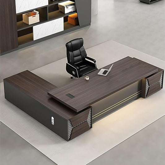 102IN L-Shaped Executive Desk, Executive Office Desk with Sub-Cabinet Storage & Combination Lock Storage Handle & Thickened Tabletop & Multimedia Wire Box & Front Baffle
