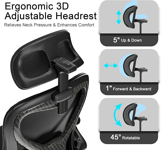 Office Chair for Back & Neck Pain Relief, Virgin Foam Seat, 2D Adjustable Lumbar & 3D Headrest, Flip-Up Armrests, Tilt & Rock for Relaxation, Black/Carbon Fiber