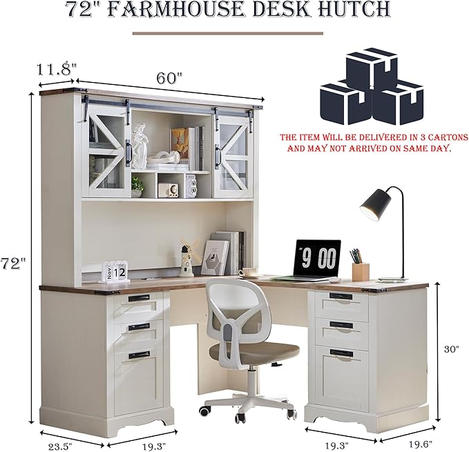 RedLemon 60" Farmhouse L Shaped Desk with Hutch, Wood Home Office Executive Desk with Drawer, Charging Station, File Drawer, Storage Cabinet, Rustic Writing Computer Desk (Antique White)