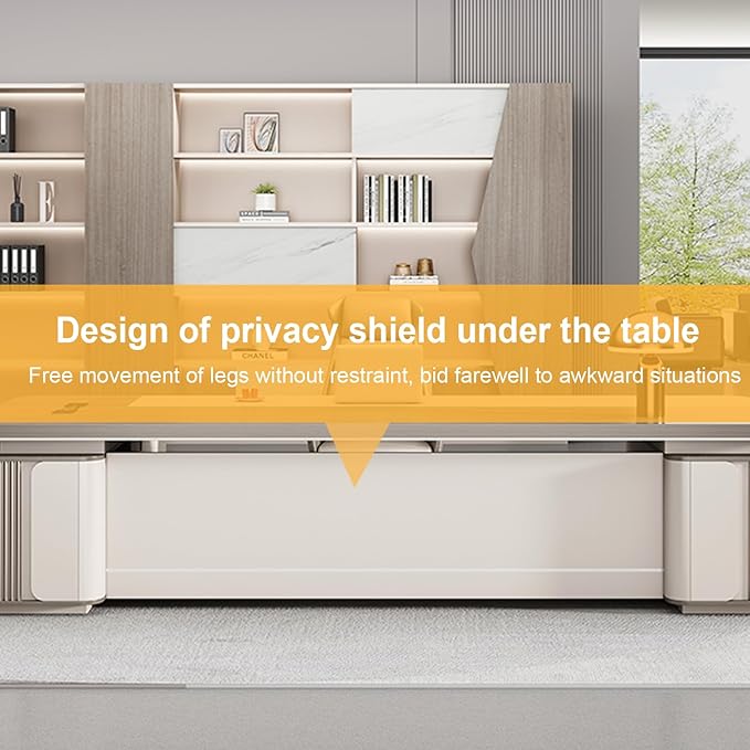 102IN Modern Executive Desk - Executive Office Desk with Large - Capacity Locker & Arc Design & Hidden Multimedia Wire Box & Safety Combination Lock & Privacy Baffle