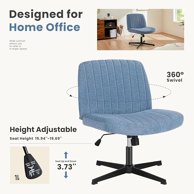 DUMOS Criss Cross Legged Chair Wide Comfy Home Office Desk Seat, No Wheels Armless Computer Task Seating, Swivel Vanity Chair Height Adjustable for Makeup Bedroom, Fabric Blue