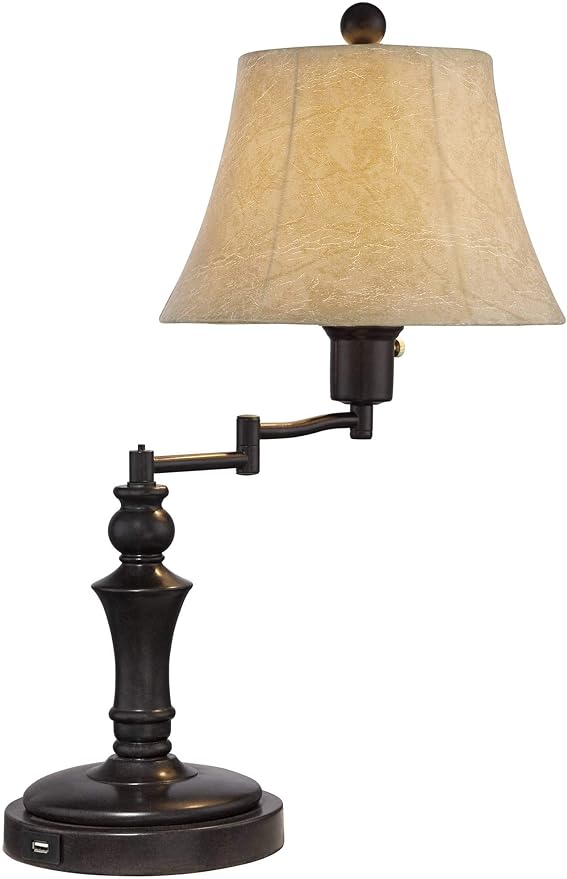 Regency Hill Corey Hill Traditional Rustic Natural Cottage Swing Arm Desk Table Lamps 21.75" High Set of 2 with USB Charging Port Bronze Metal Faux Leather Bell Shade for Living Room Bedroom