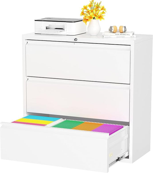 Superday Lateral File Cabinet 3 Drawer, White Filing Cabinets with Lock, Locking Metal File Cabinets Three Drawer Filing Cabinet for Home Office/Legal/Letter/A4/F4 Home Office