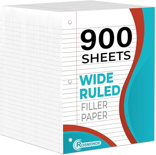 Rosmonde 6 Pack Loose Leaf Paper, 900 Sheets, Wide Ruled, 8" x 10.5", Bulk Notebook Paper, 150 Sheets/Pack, Fits Standard 3 Ring Binders, Wide Ruled Filler Paper for School, White Notebook Paper