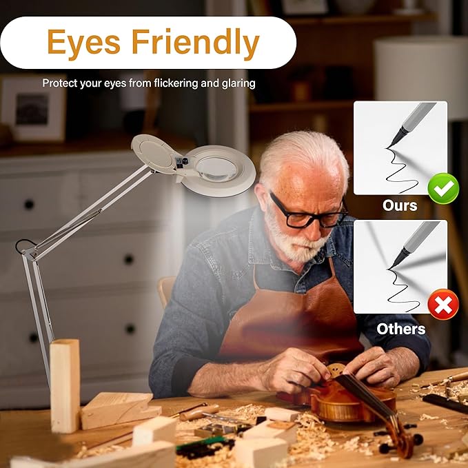 10X Magnifying Glass with Light and Stand,LED Dimmable Lighted Desk Lamp with Clamp,Magnifier Hands Free-Adjustable Stainless Steel Arm,for Crafts Hobbies Reading Painting Sewing Diamond Close Work