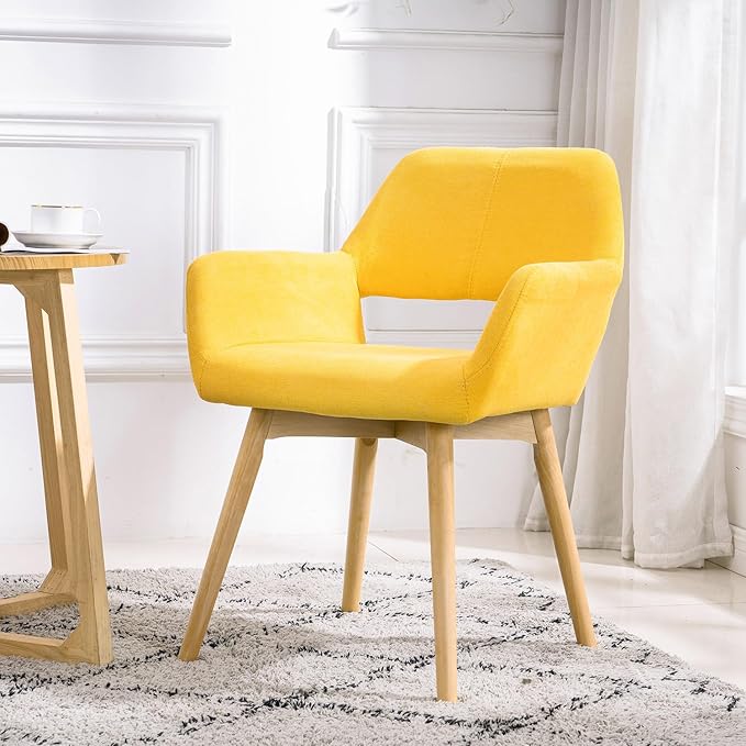 Desk Chair No Wheels Vanity Chair Comfy Accent Chair for Living Dining Room Bedroom Home Office Mid Century Modern Upholstered Armchair(Yellow, 1)