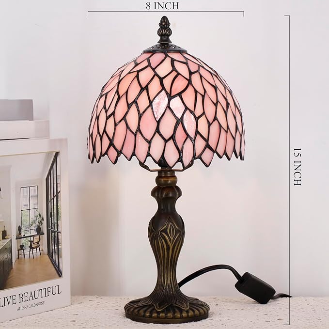 Small Tiffany Lamp Stained Glass Table Lamp Mini Desk Accent Light for Bedroom Bedside Reading Home Antique Style Decor 8X15 Inches (Pink Wisteria)