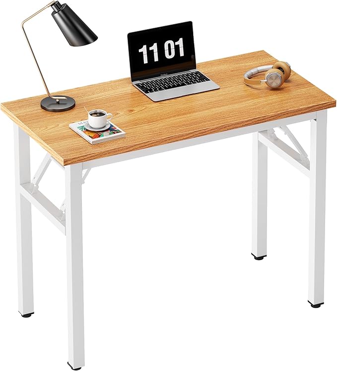 sogesfurniture Small Computer Desk 31.5 inches Folding Table No Assembly Sturdy Writing Desk Folding Desk for Small Spaces, Teak Color Desktop and Black Steel Frame, Teak & White