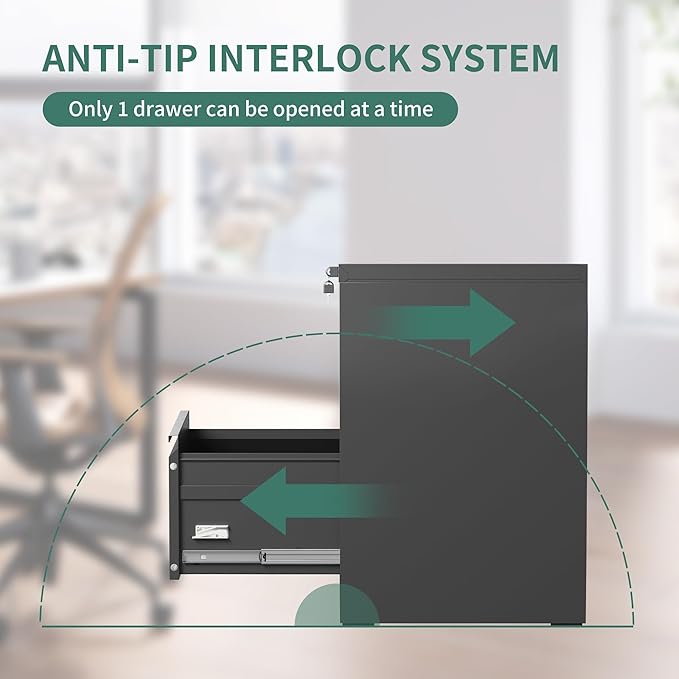 2 Drawer Vertical File Cabinet Home Office Metal Filing Cabinet, D17.7 Locking File Cabinets with Keys, Anti-Tilt Design, Steel Drawer Cabinet for A4/Legal/Letter,Need Assemble (Black)