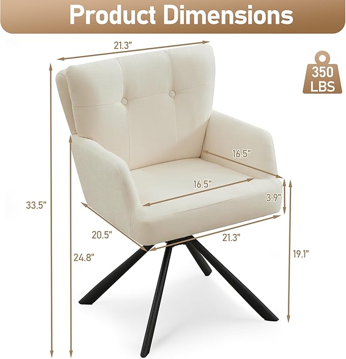 Fabric Dining Chair Set of 2 Modern Upholstered Swivel Dining Room Chairs Comfy Accent Armchair with Mid Back, Desk Arm Chair No Wheels for Kitchen/Living Room/Dining Room, White