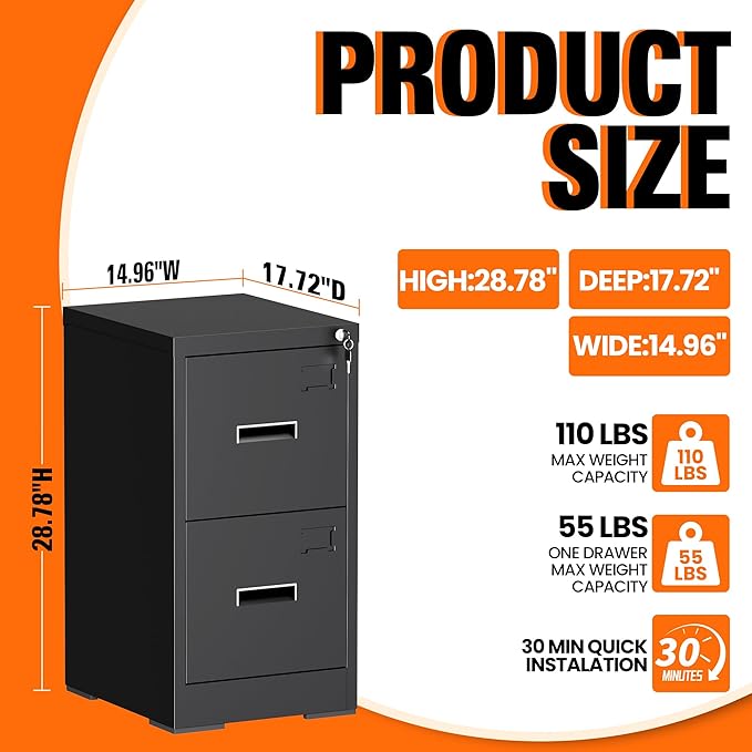 2-Drawer Locking Vertical File Cabinet, Metal Storage Cabinet for Office/Home – Secure Vertical Filing for Letter/Legal/A4/F4 Documents, Easy to Assemble Steel Cabinet