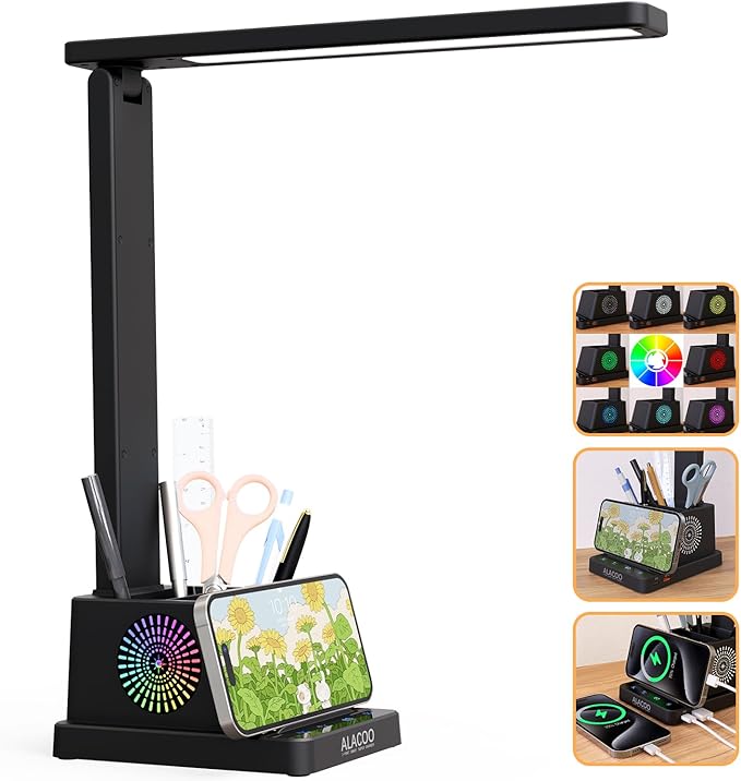 LED Desk Lamp for Office Home, Eye-Caring Desk Light with USB Charging Port & Phone Holder, 3 Color X 4 Brightness, Adjustable Arm, Touch-Control Lamp with RGB Pen Holder for Reading, Bedroom (Black)
