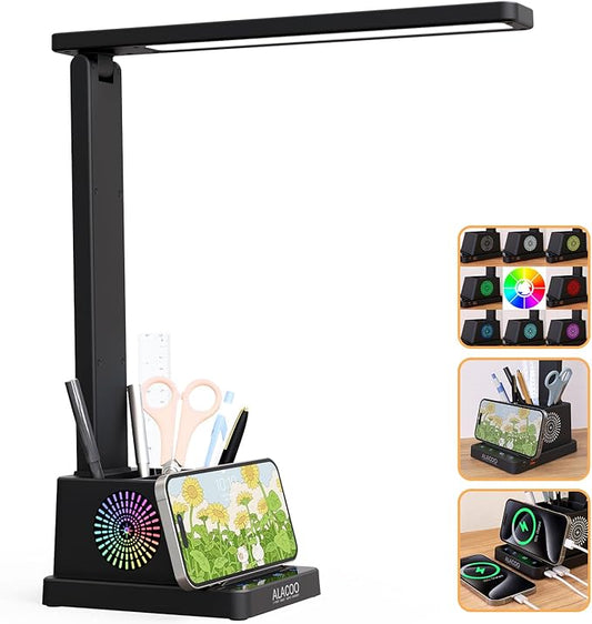LED Desk Lamp for Office Home, Eye-Caring Desk Light with USB Charging Port & Phone Holder, 3 Color X 4 Brightness, Adjustable Arm, Touch-Control Lamp with RGB Pen Holder for Reading, Bedroom (Black)