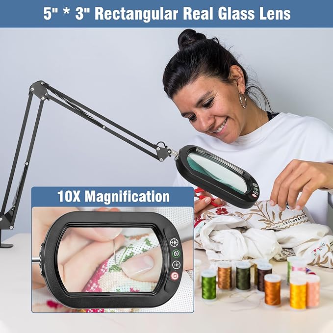 10X Rectangle Magnifying Glass with Light and Clamp, 2*16 Inch Large Swivel Arm LED Desk Lamp, 5 Color Modes Brightness Steepless Dimming, Hands Free Lighted Magnifier Stand for Craft Reading Painting