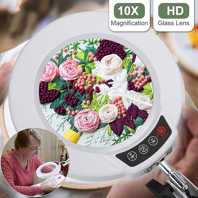 10X Magnifying Glass with Light and Stand, Upgrade Button 5 Color Modes Stepless Dimmable, 2-in-1 LED Lighted Magnifier Light, Hands Free Desk Lamp with Clamp for Craft Hobby Close Work - White