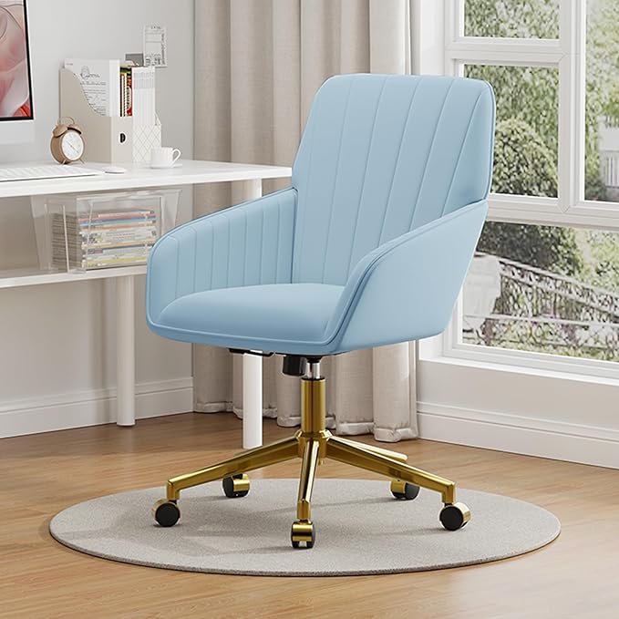 YISHENG Velvet Office Desk Chair with Gold Base, with Wheels,Modern Height Adjustable 360 Degree Swivel Upholstered Vanity Chairs with Arms for Living Room Bedroom,Sky Blue