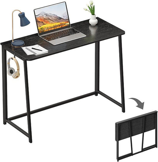 WOHOMO Folding Desk, 39.4" Narrow Writing Foldable Desk, Space-Saving Laptop Table, Easy Assemble Workstation for Home Office, Black