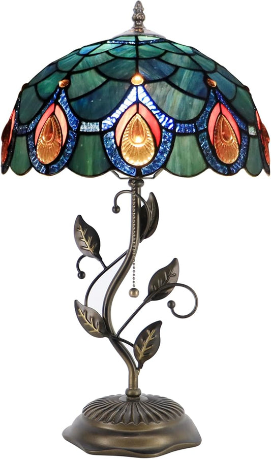 Tiffany Table Lamp, Stained Glass Style Desk Lamp, 12X12X19 Inch,Bedside Reading Light, Metal Leaf Base(Brown Crystal)