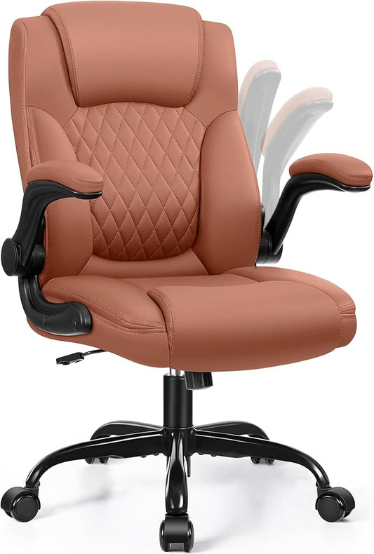 Leather Office Chair, PU Home Computer Desk Chairs with Ergonomic Back Support, 360°Swivel Free，Small Gaming Chair with Wheels and Adjustable Armrests, for Short People Use, Brown