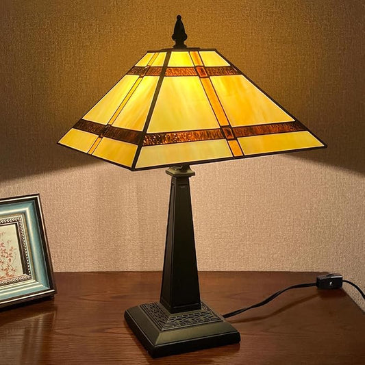 Tiffany Table Lamp,Amber Stained Glass Table Light,Antique Style Medium Size Desk Lamp Vintage Beside Reading Lamp for Living Room Bedroom Office