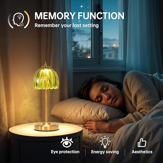 Set of 2 Cordless Table Lamp with 5000mAh Battery & Touch Control - 3 Adjustable Color Temperatures, Dimmable RechargeableTable Lamps for Bedroom, Office Desk, Nightstand (Green Tulip)