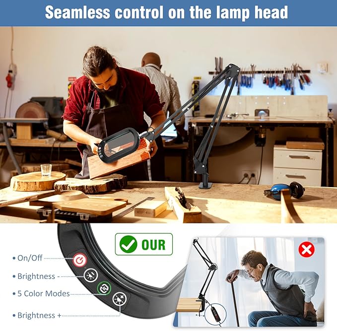10X Rectangle Magnifying Glass with Light and Clamp, 2*16 Inch Large Swivel Arm LED Desk Lamp, 5 Color Modes Brightness Steepless Dimming, Hands Free Lighted Magnifier Stand for Craft Reading Painting