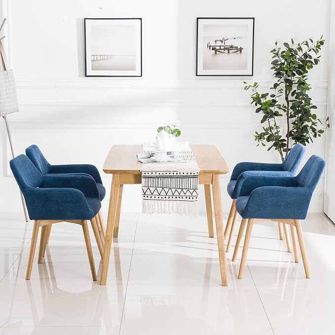 Mid Century Modern Dining Chairs Set of 4 & 2 & 6 Comfy Accent Chair Upholstered Kitchen Dining Living Room Chairs for Bedrooms Waiting Room Home Arm Desk Chair No Wheels (Blue, 4)