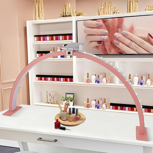 Half-Moon Nail Desk Lamp, Upgrade 30 Inches Lash Light for Eyelash Extensions, 3400 Lumen Led Light for Nails,Tattoo Artists, Adjustable Brightness Warm, Soft, Cool (Pink)