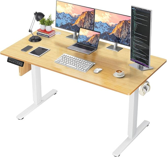 55 x 24 in Electric Standing Desk - Memory Height Adjustable Ergonomic Sit-to-Stand Rising Computer Table Gaming Workstations with 2 Hooks and Wire Hole for Home Office, Natural